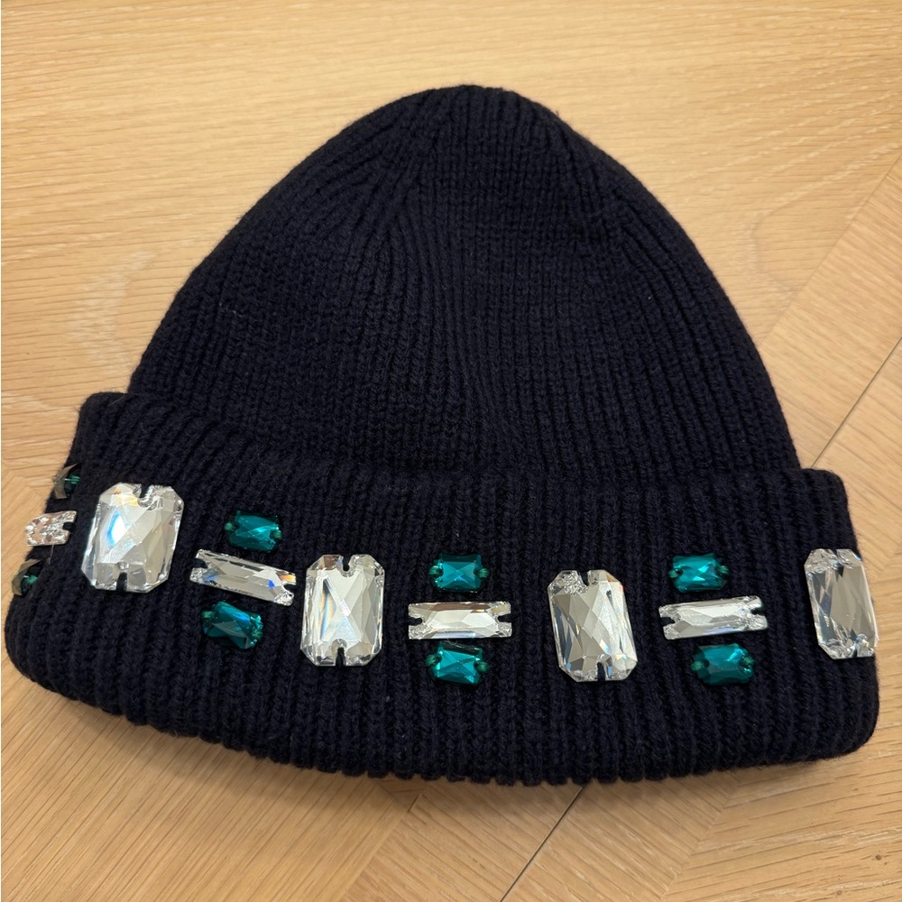 Melrose High Black Knit Beanie with Swarovski Gem